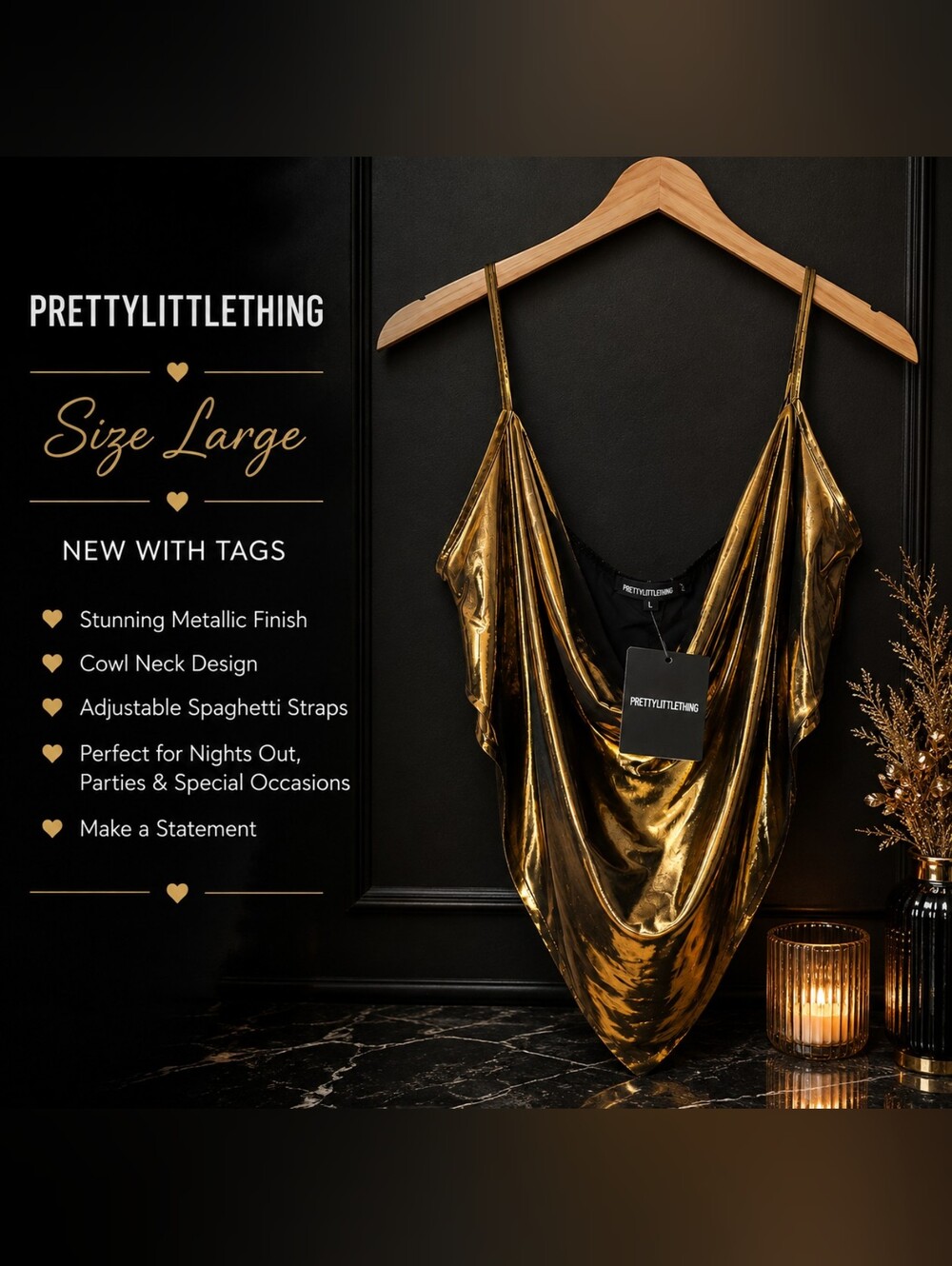 PRETTYLITTLETHING Metallic Gold Cowl Neck Slip